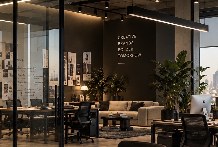 Inside the Glare Studio space in Riyadh — lounge, plants and the studio wall
