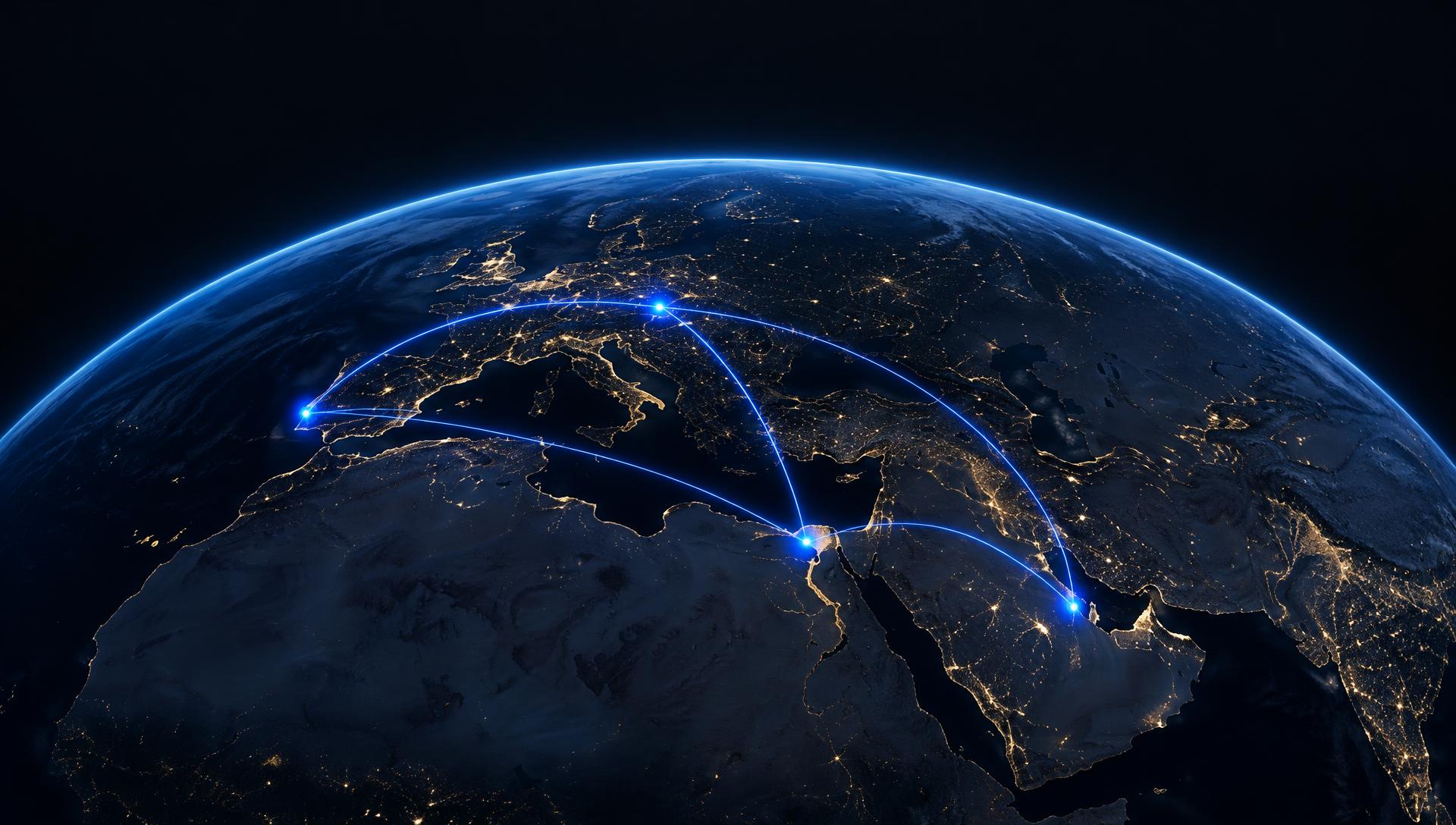 Night view of Earth with Glare studios in Lisbon, Vienna, New Cairo and Riyadh connected by blue lines